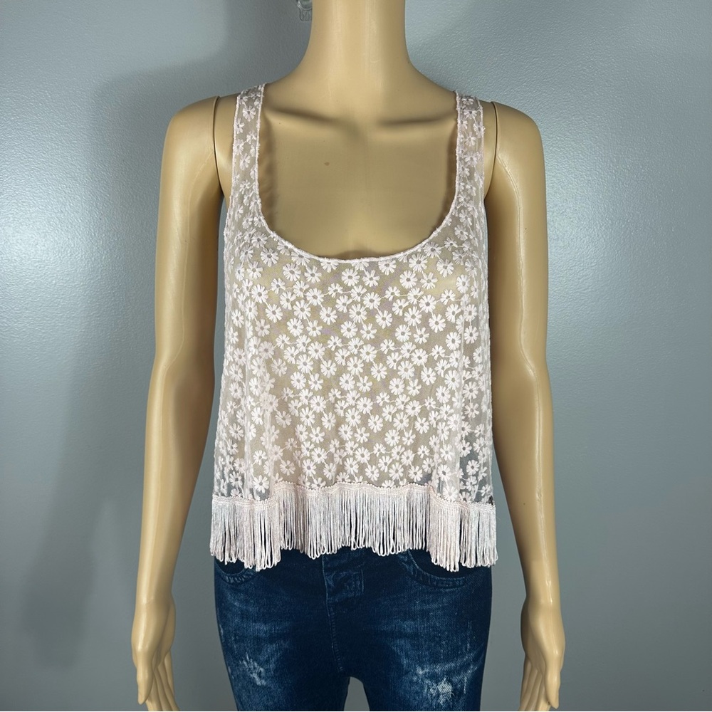 Abercrombie And Fitch Pink Sheer Floral Lace/Fringe Top Size Large
